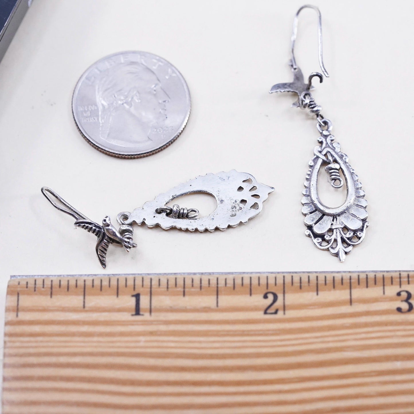 Southwestern Sterling Silver Swallow Bird Dangles, Teardrop Filigree Earrings
