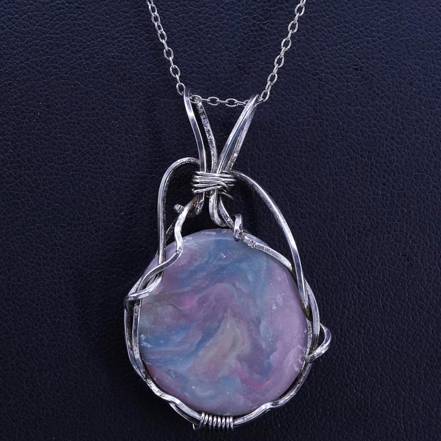 Vintage sterling silver handmade circle necklace with 925 wired pendant agate
