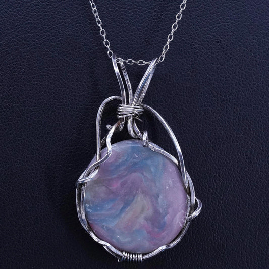 Vintage sterling silver handmade circle necklace with 925 wired pendant agate