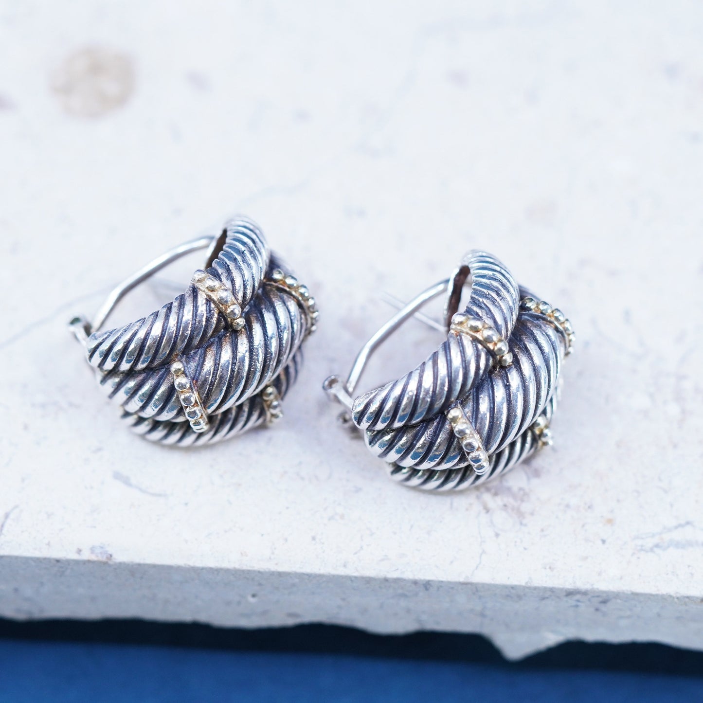 Sterling silver Ribbed earrings, modern 925 silver cable studs with gold beads