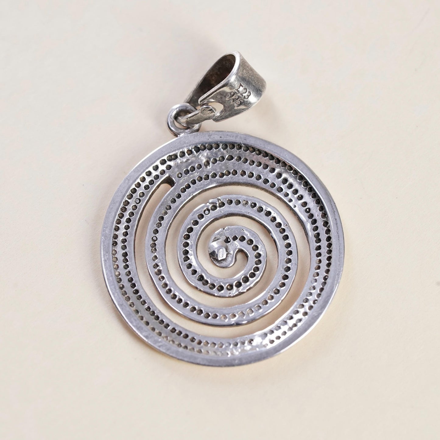 Vintage handmade Sterling silver pendant, 925 circle tag with spiral cut out