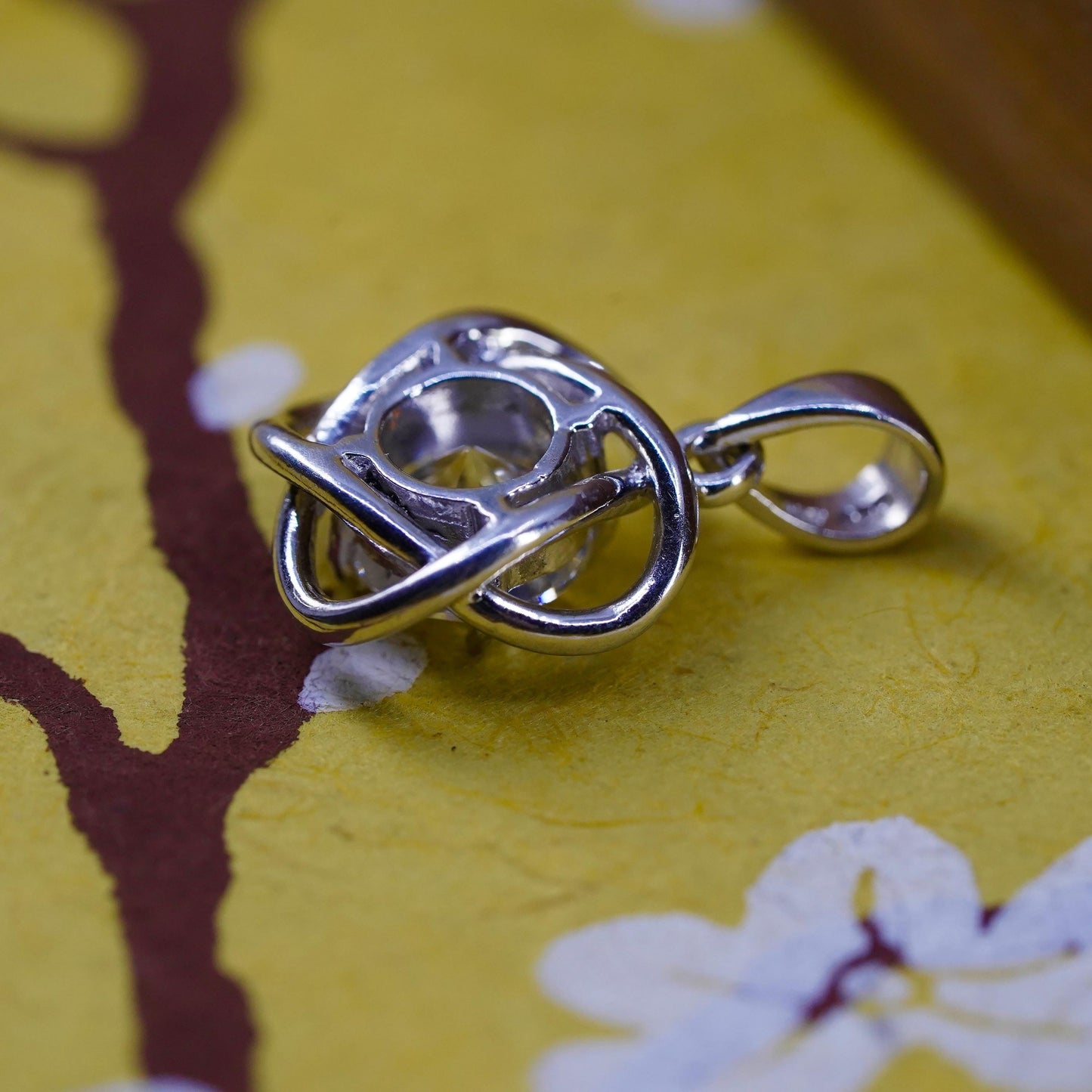 Vintage Sterling silver handmade flower pendant, 925 entwined charm with CZ