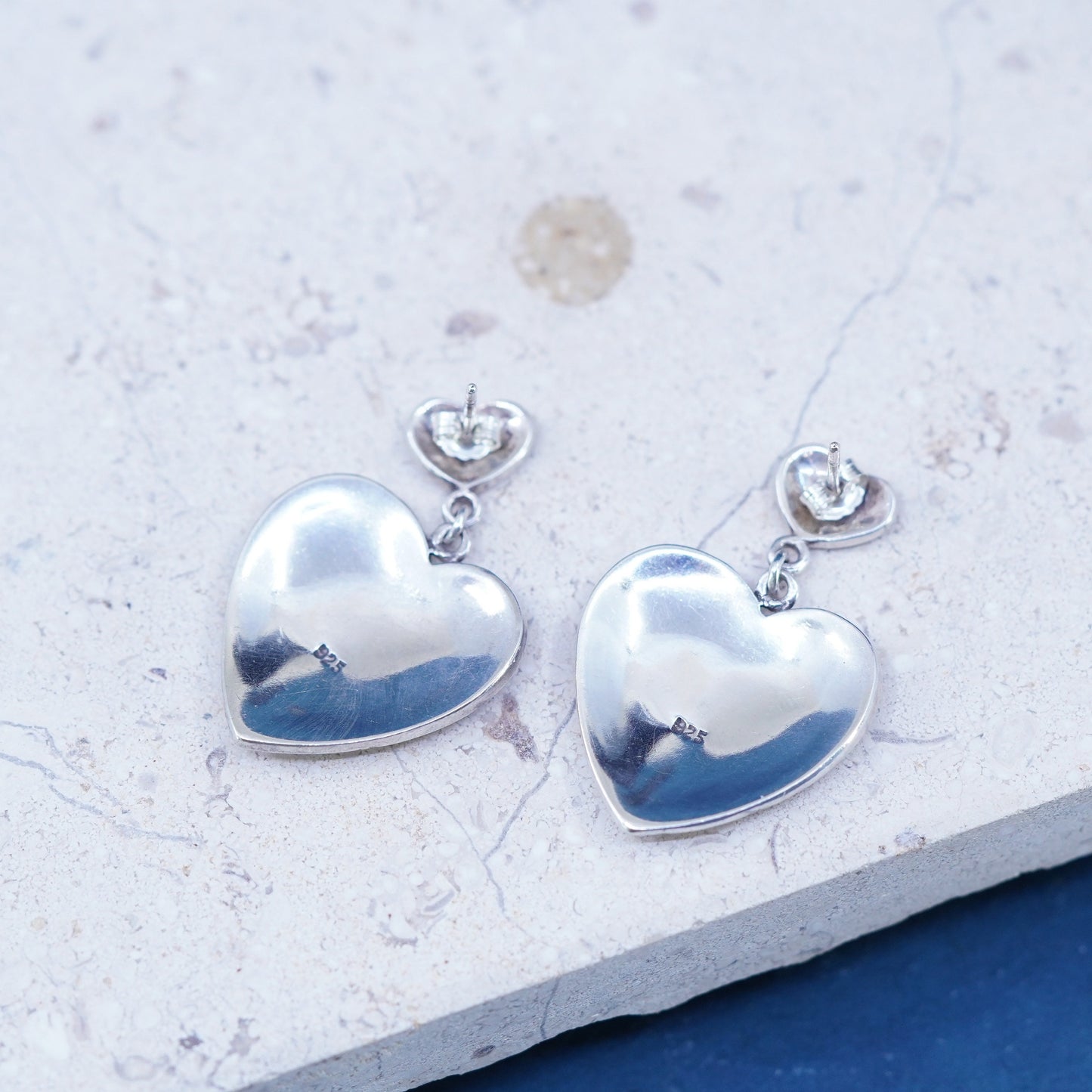 Vintage Sterling silver handmade earrings, textured 925 heart drops