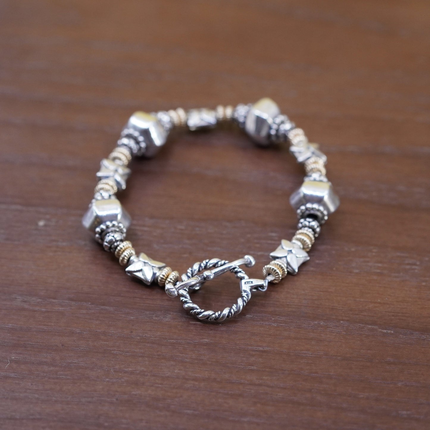 6.5”, Vintage two tone Sterling silver handmade bracelet, 925 chain with bead