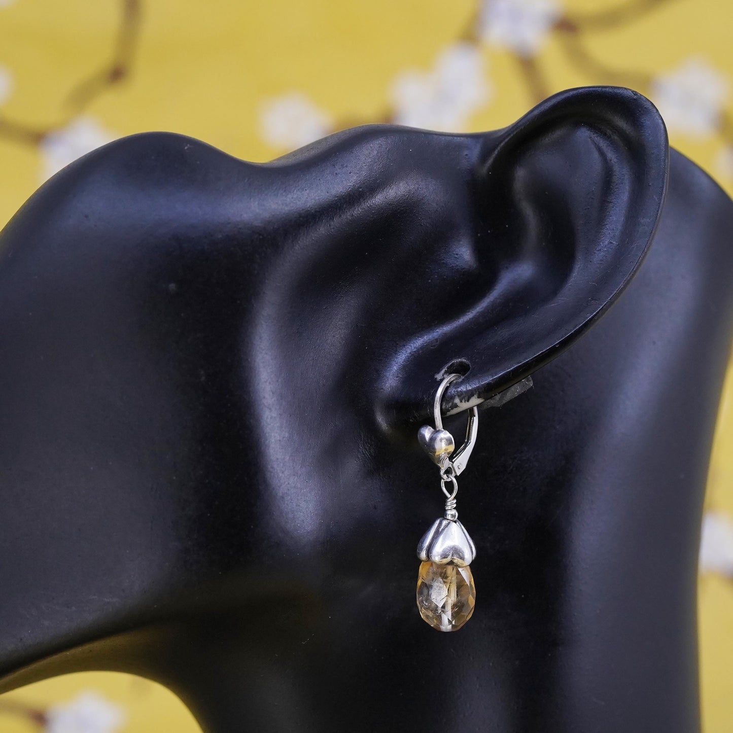 Vintage designer sterling 925 silver handmade heart earrings teardrop citrine