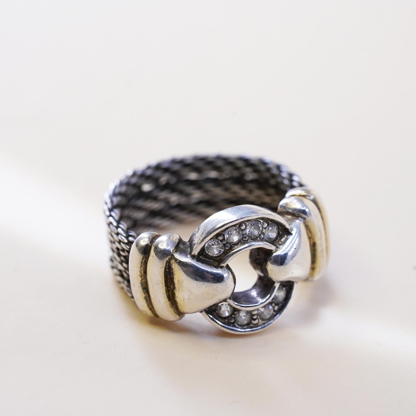 Size 9, Vintage sterling silver statement ring, 925 cable belt band cluster cz