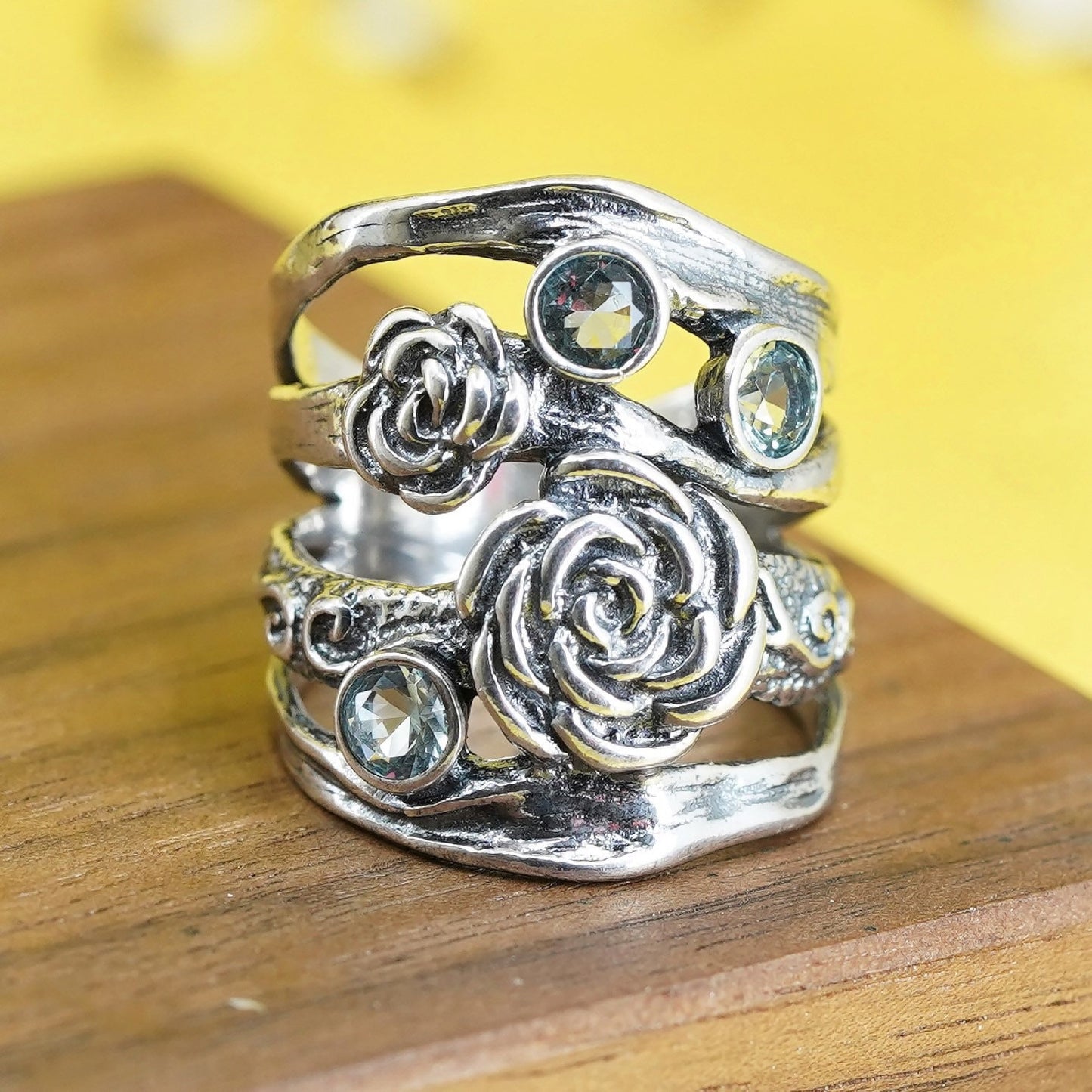 Size 7.25, Israel Shablool Didae sterling silver ring rose flower, 925 band