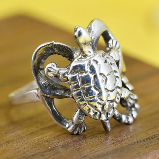 Size 8.25, vintage Sterling silver 925 handmade turtle ring, southwestern style