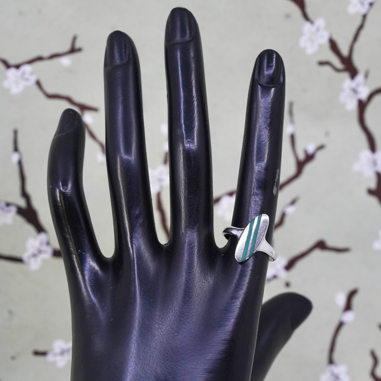 Size 7.75, Sterling silver ring, geometric 925 silver with malachite inlay