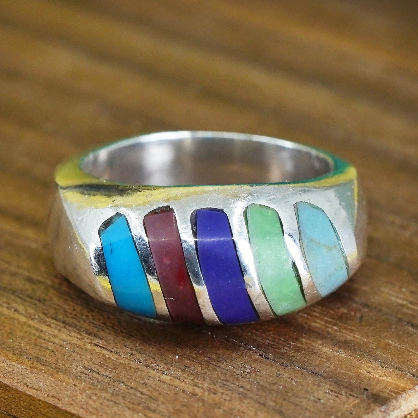 Size 6.5, Mexican Sterling silver ring, 925 band turquoise coral lapis lazuli