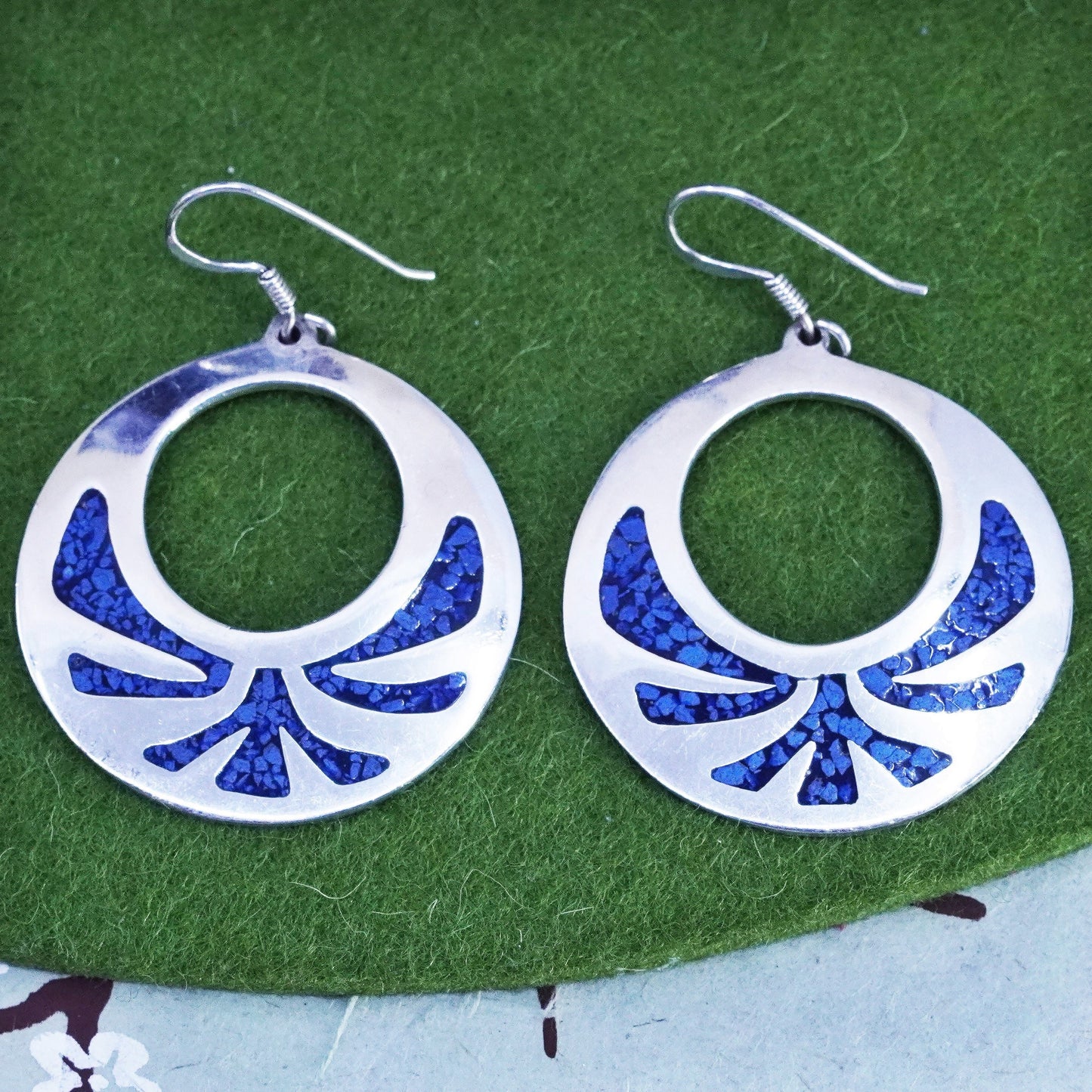 sterling silver handmade earrings, mexico 925 huge circle with turquoise bird