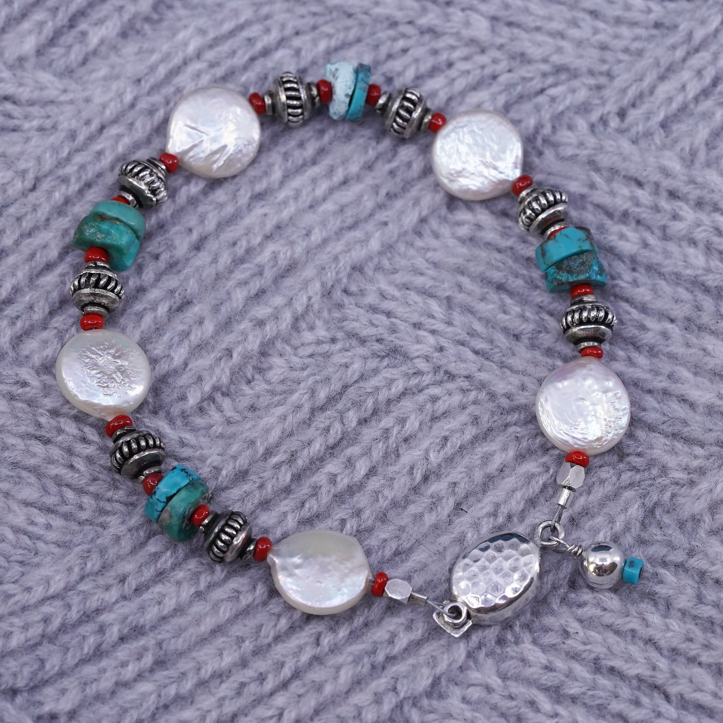 7.5”, sterling silver bracelet, Native American navajo turquoise and coin pearl