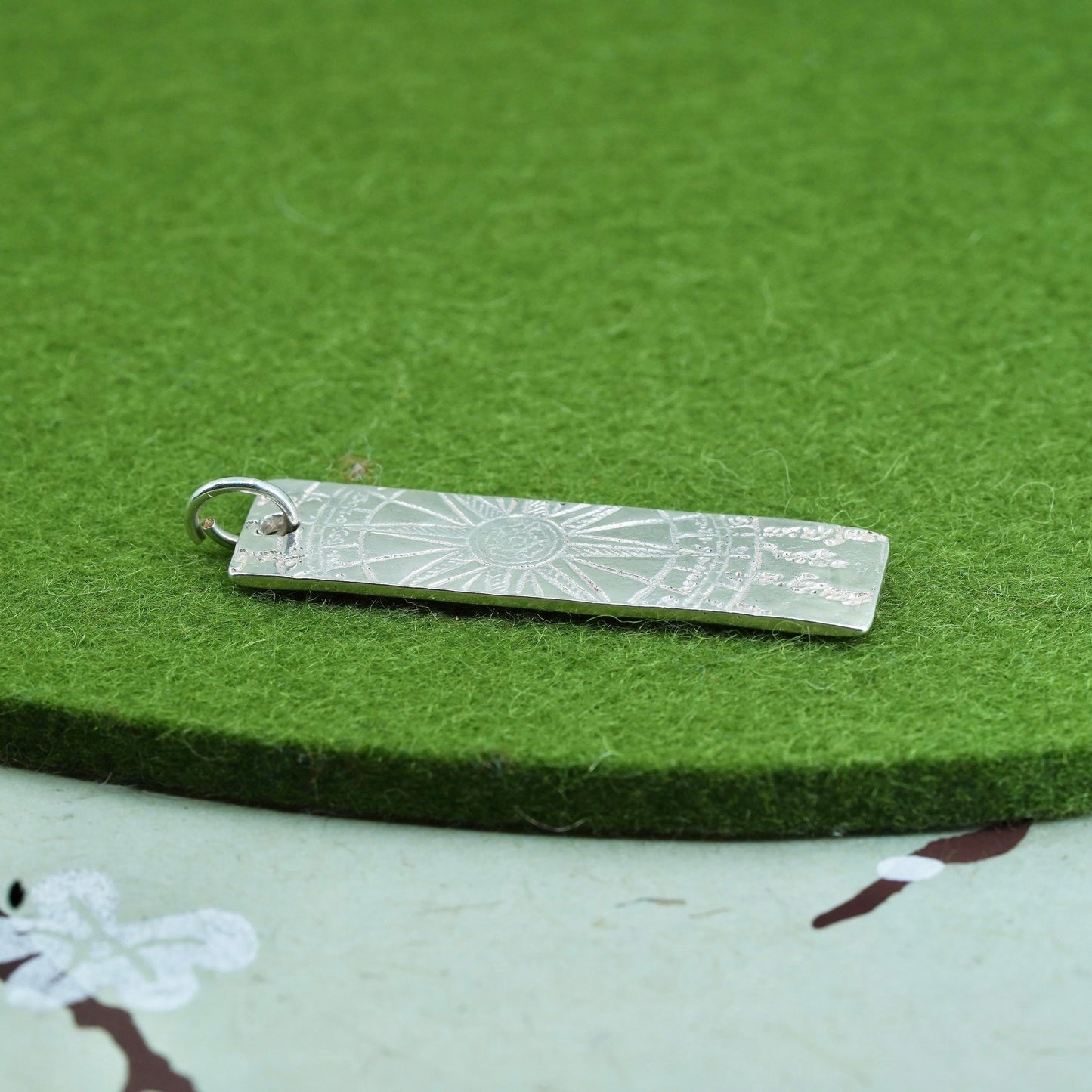 Vintage sterling silver handmade pendant, 925 rectangular tag embossed compass
