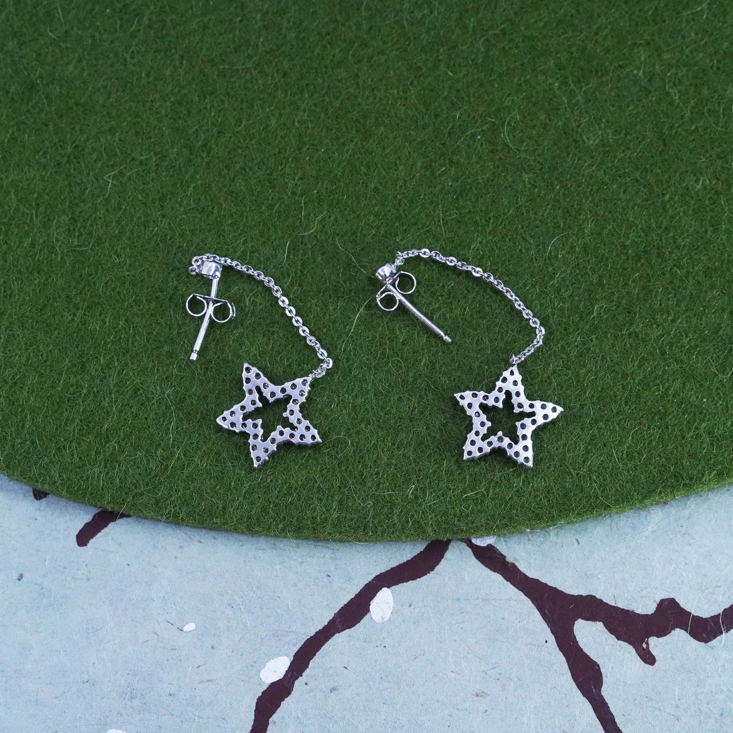Vintage Sterling 925 silver handmade star earrings with cluster cz