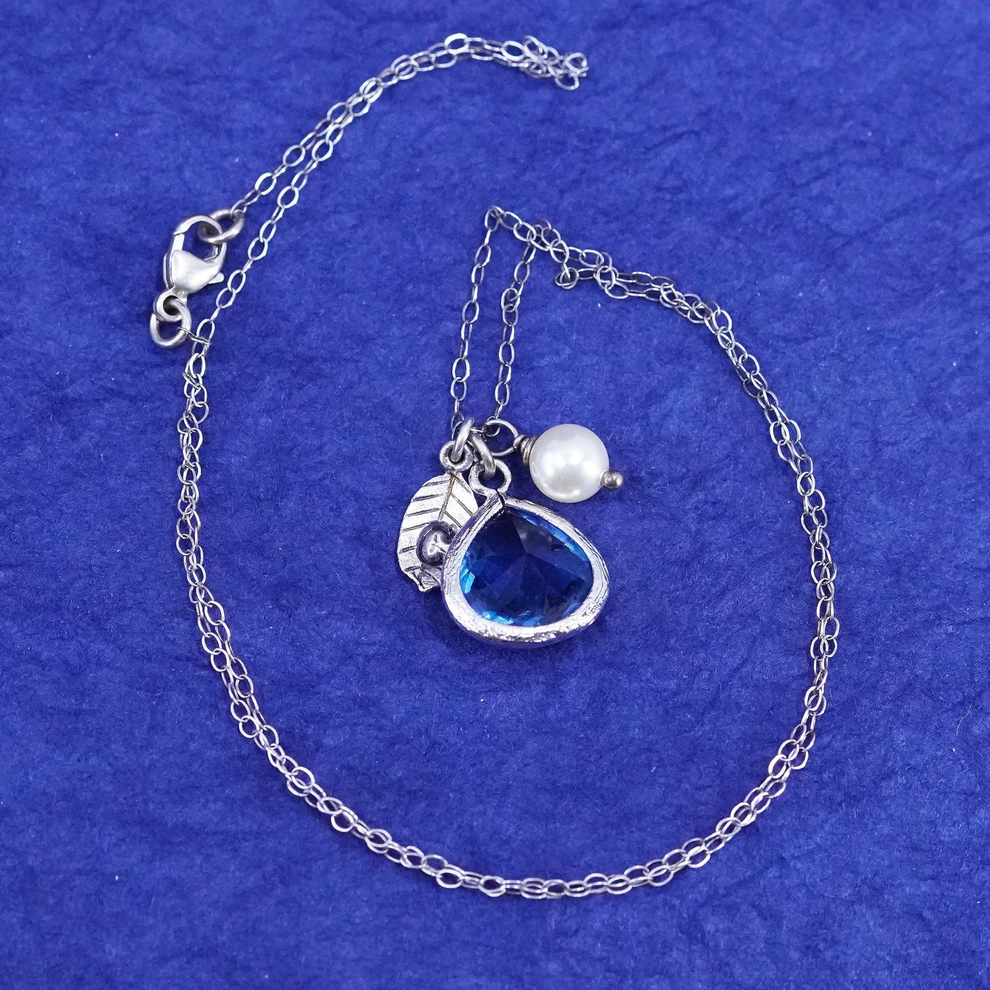 18”, sterling silver 925 handmade necklace, teardrop blue crystal pearl pendant