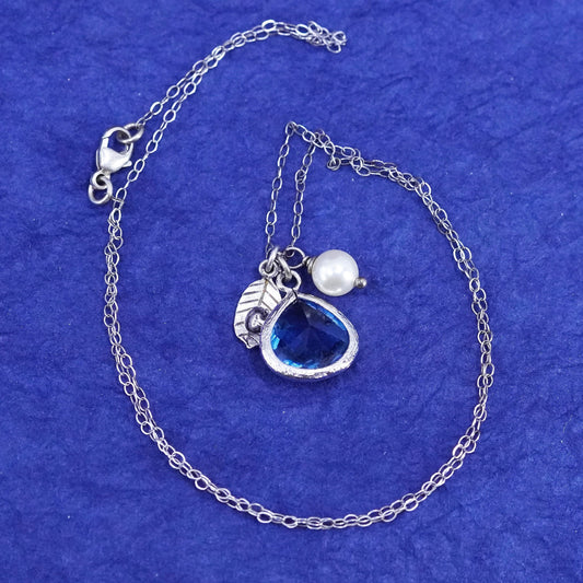 18”, sterling silver 925 handmade necklace, teardrop blue crystal pearl pendant