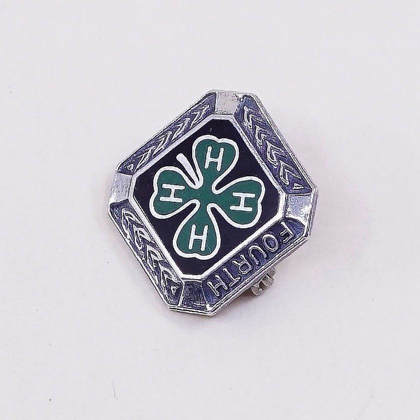 Vintage irish Sterling silver handmade brooch, solid 925 silver four leaves clover with green enamel, stamped sterling
