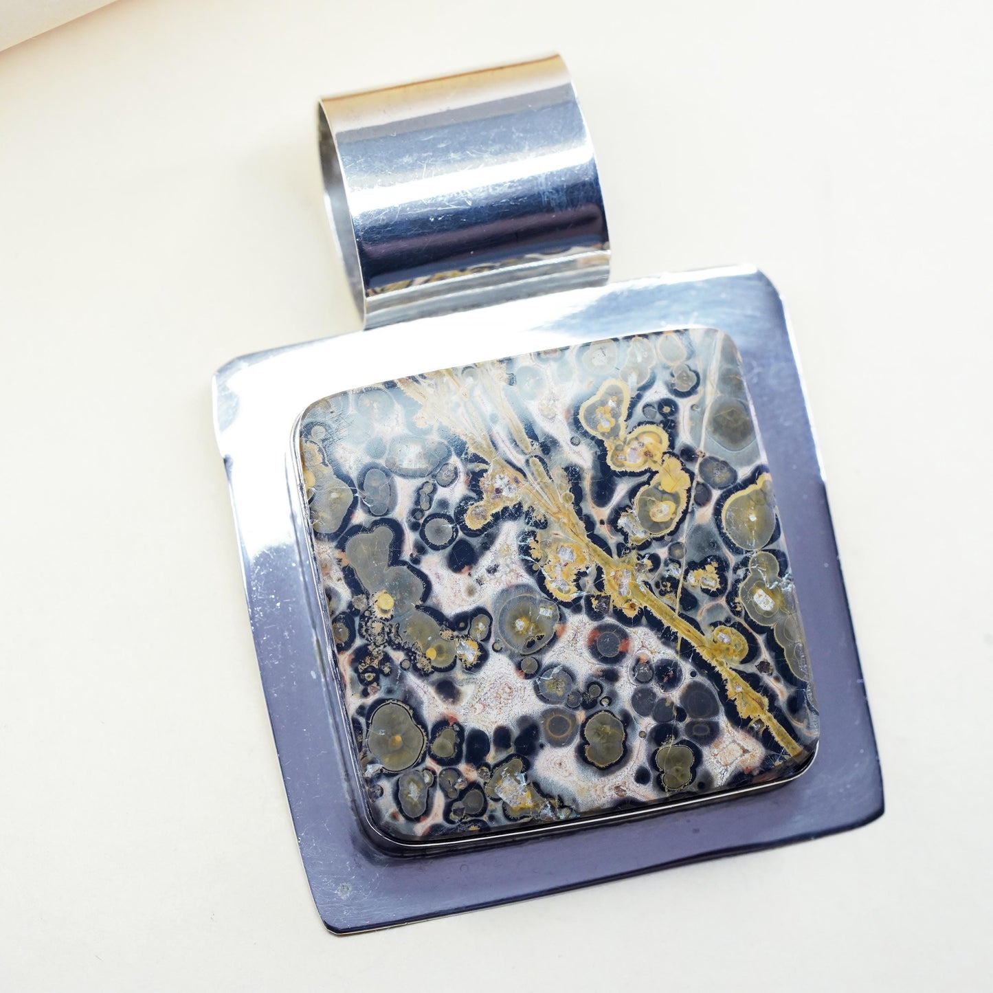 Vintage Mexican sterling 925 silver handmade huge pendant with square jasper