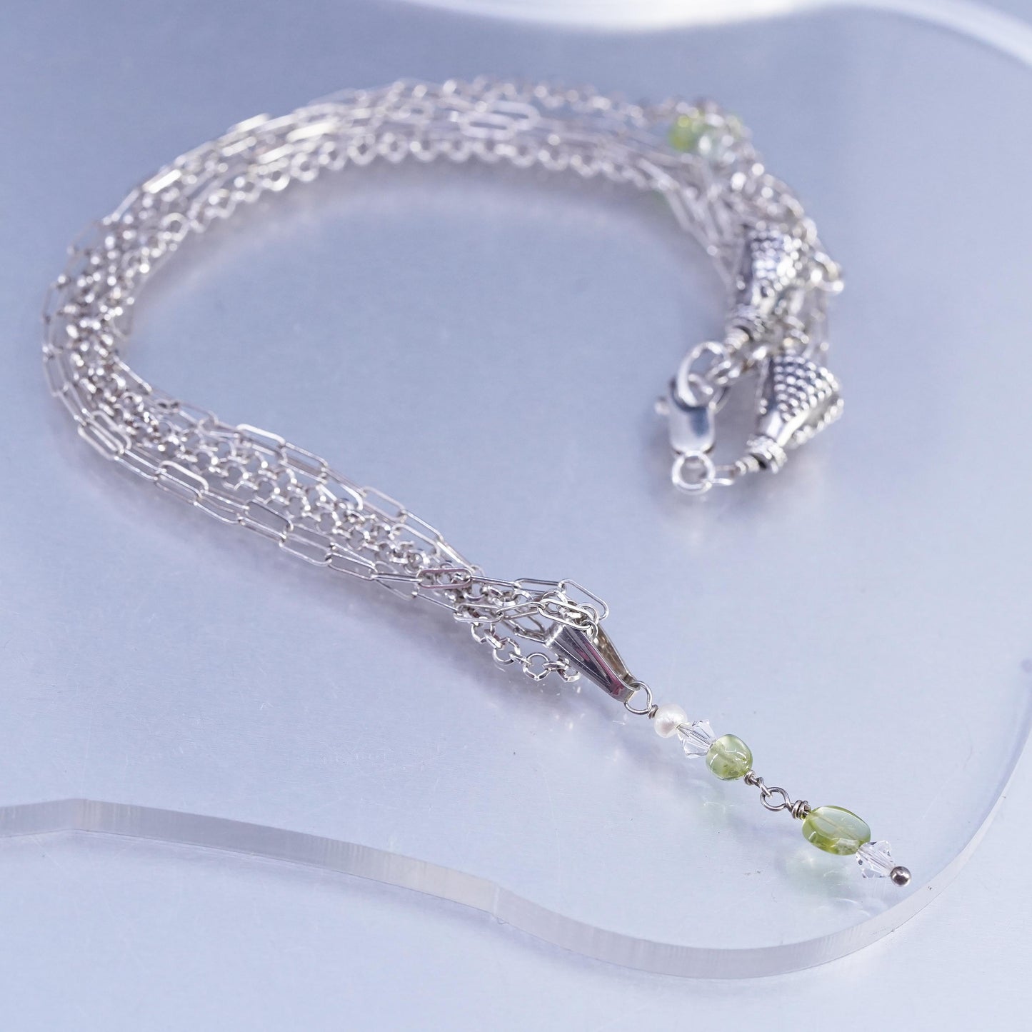 16+2" Sterling 925 silver multi strands elongated oval necklace peridot pendant