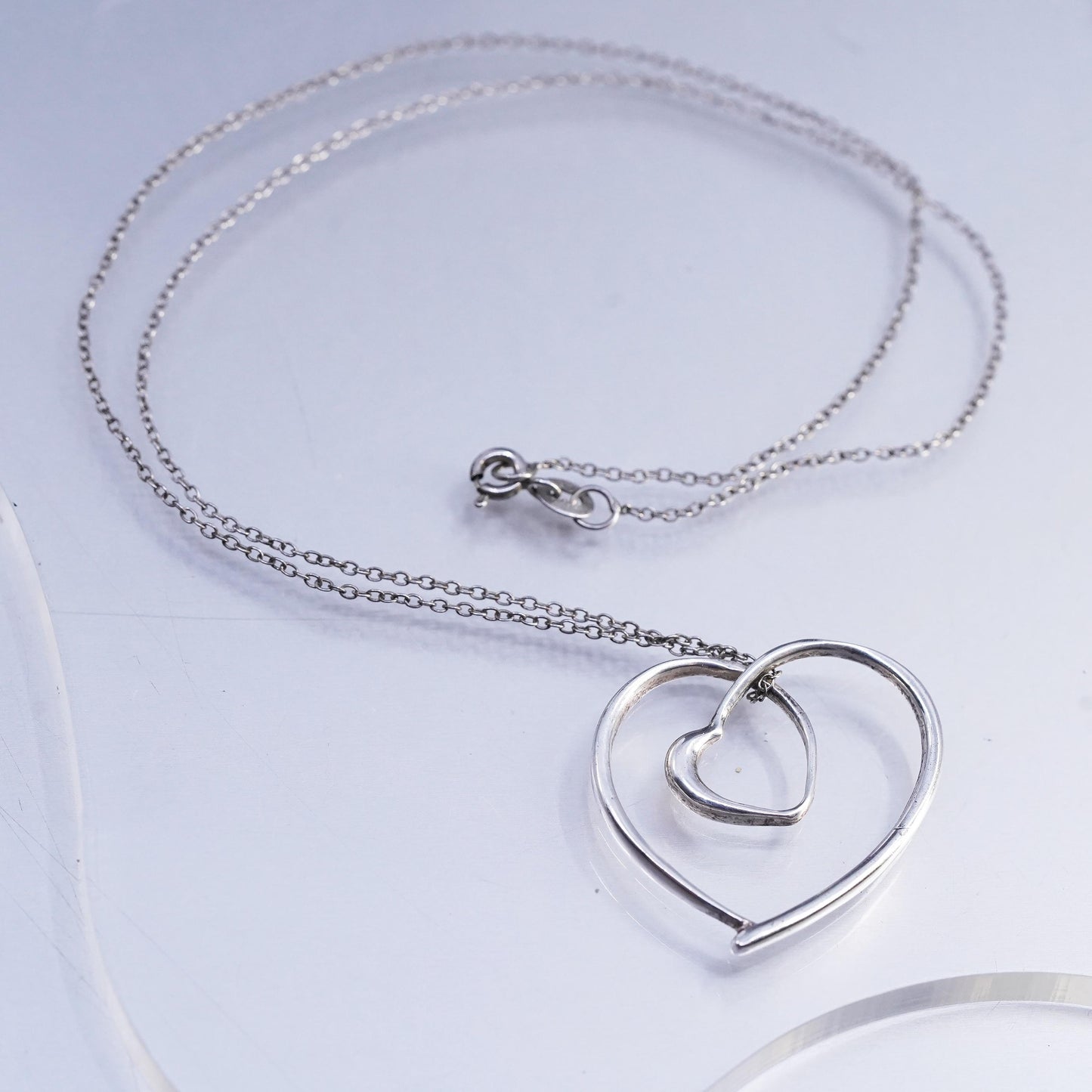 18", vintage Sterling 925 silver handmade circle necklace double heart pendant