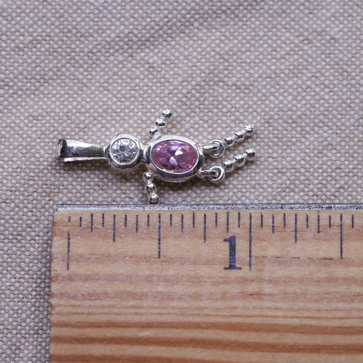 Vintage Sterling 925 silver birthstone pendant pink crystal, baby boy figure