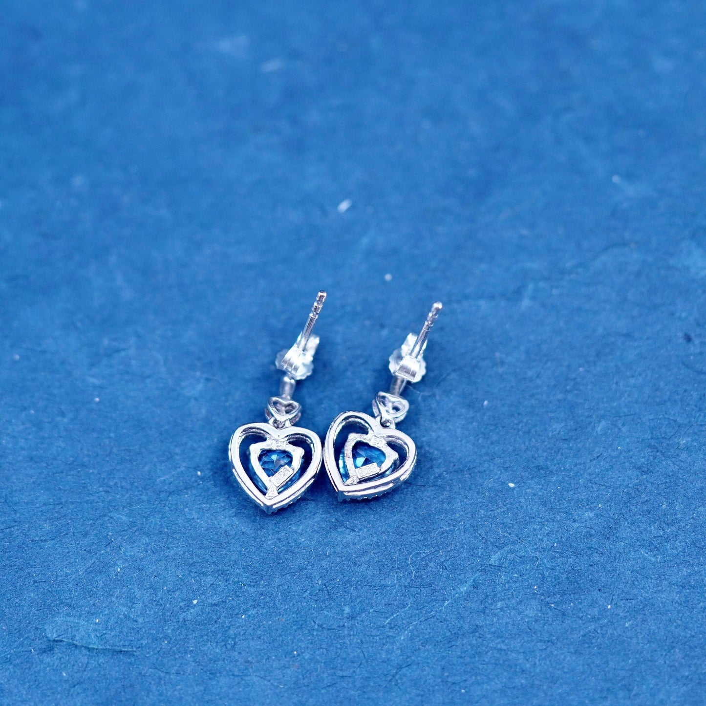 Vintage sterling 925 silver handmade heart earrings with blue topaz and cz