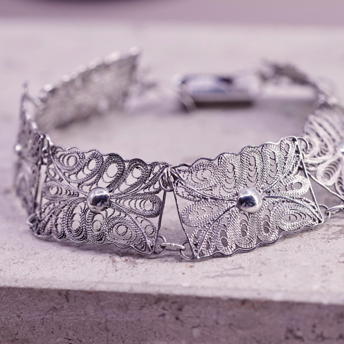 7", vintage sterling silver handmade bracelet, 925 filigree disc bracelet