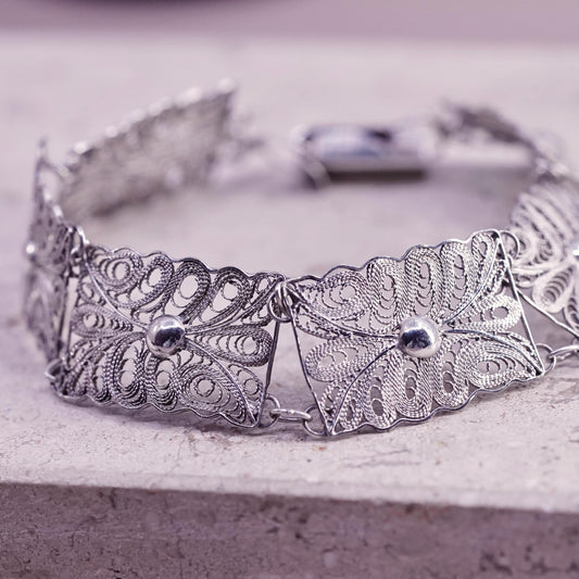 7", vintage sterling silver handmade bracelet, 925 filigree disc bracelet