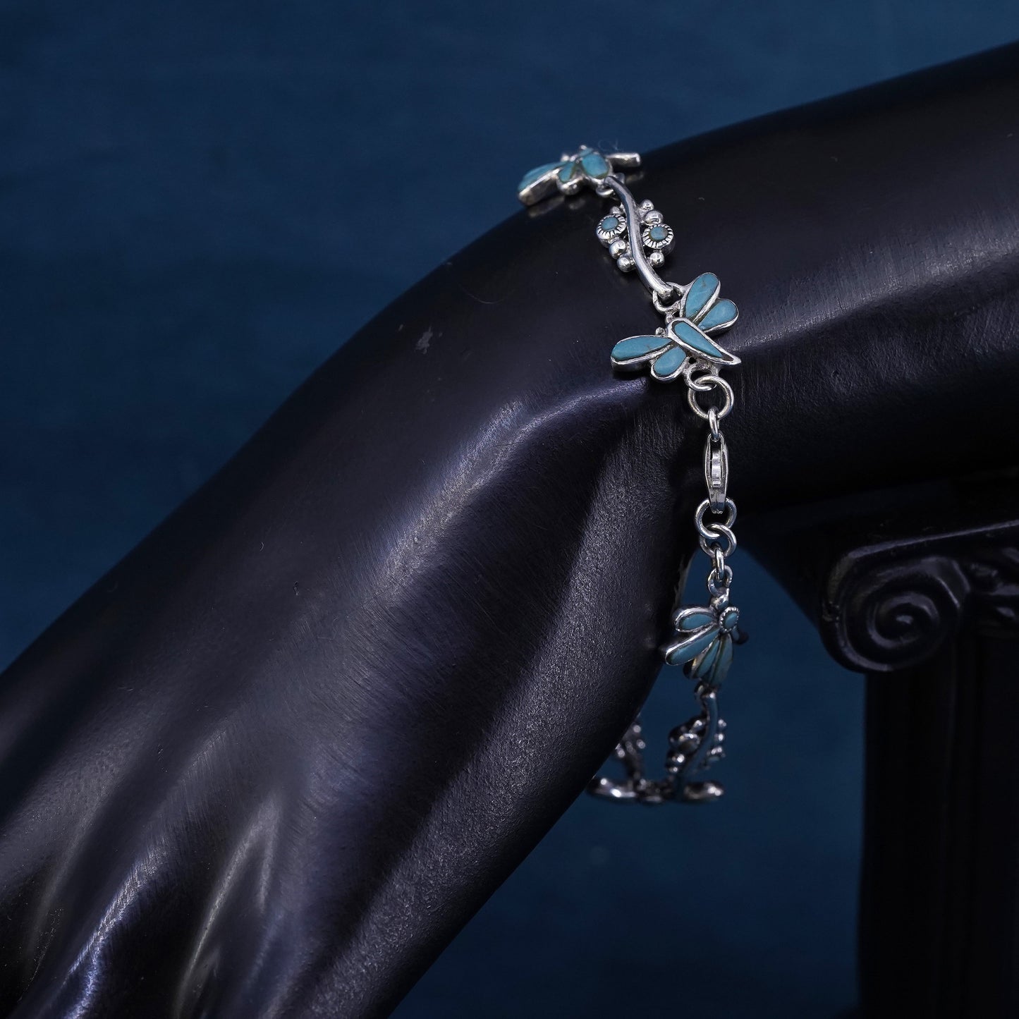 7”, vintage southwestern sterling 925 silver dragonfly bracelet with turquoise