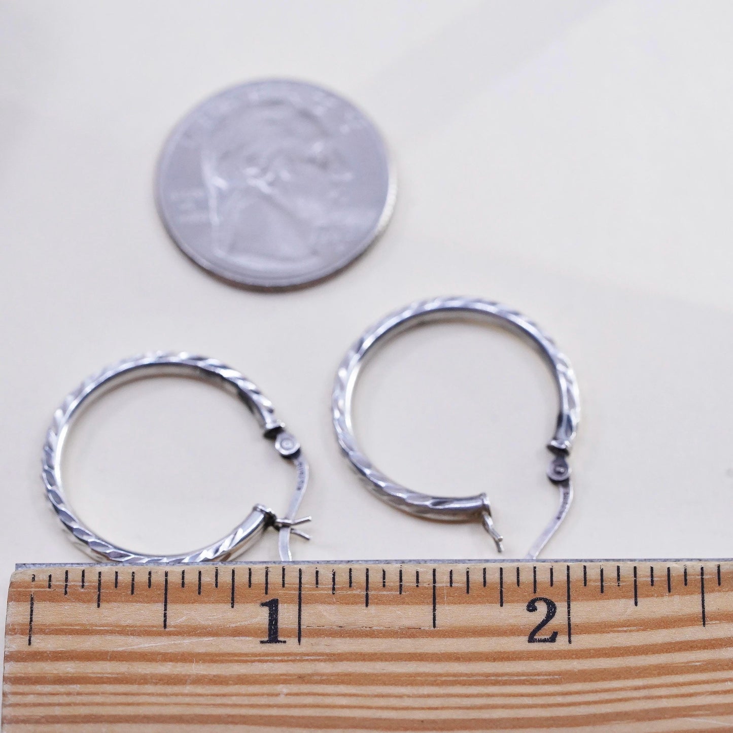 1”, Vintage sterling silver loop earrings, textured minimalist primitive hoops