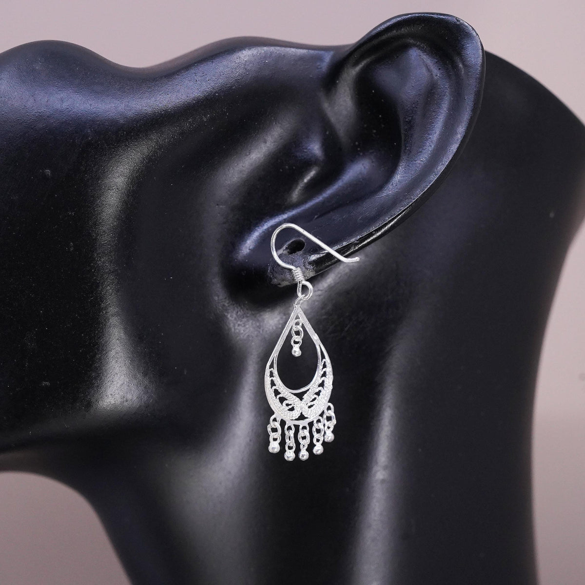 Vintage sterling silver handmade earrings, 925 filigree teardrop drop