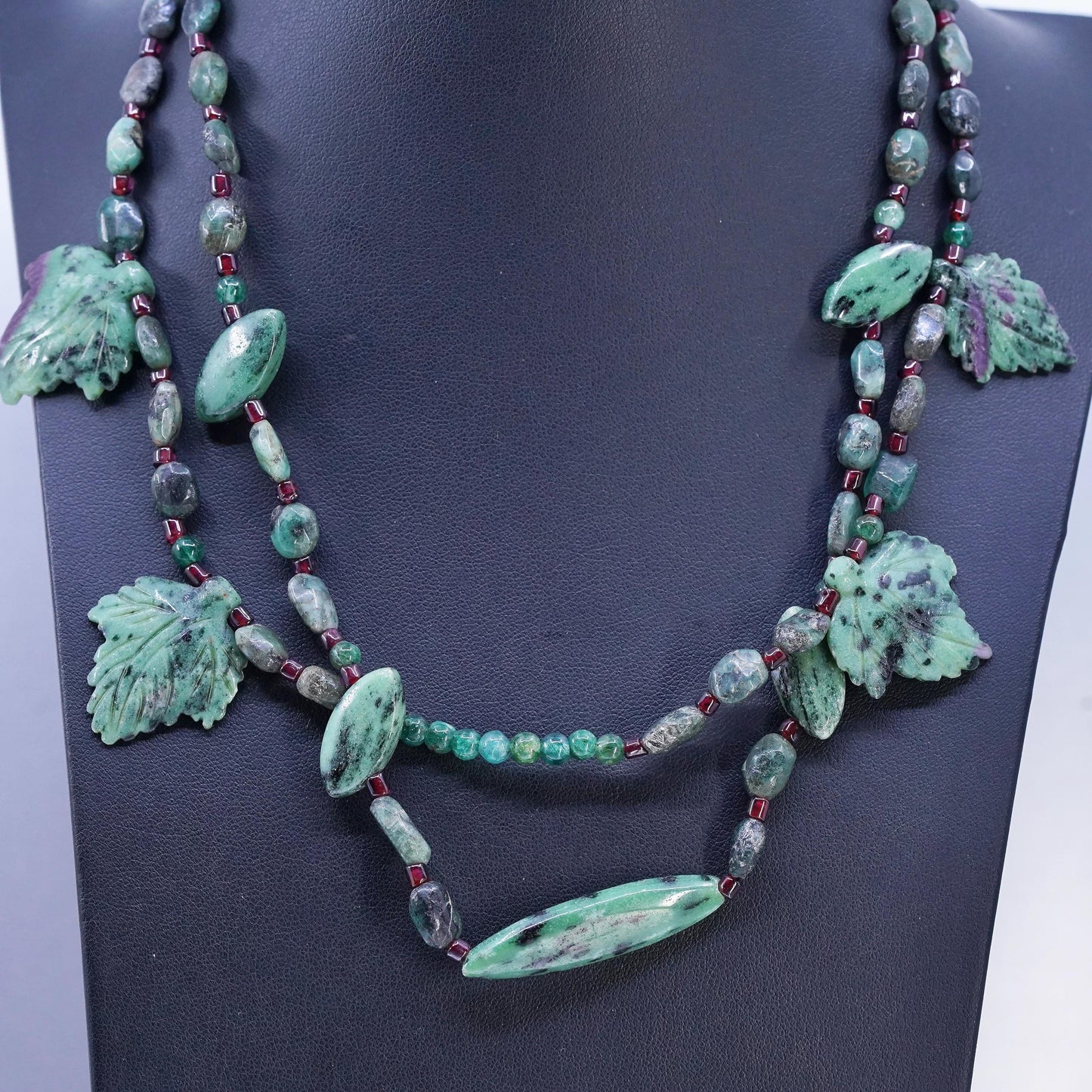 18", vintage Sterling 925 silver necklace carved Ruby in Zoisite leaves beads