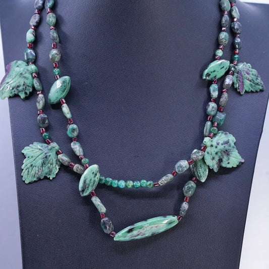 18", vintage Sterling 925 silver necklace carved Ruby in Zoisite leaves beads