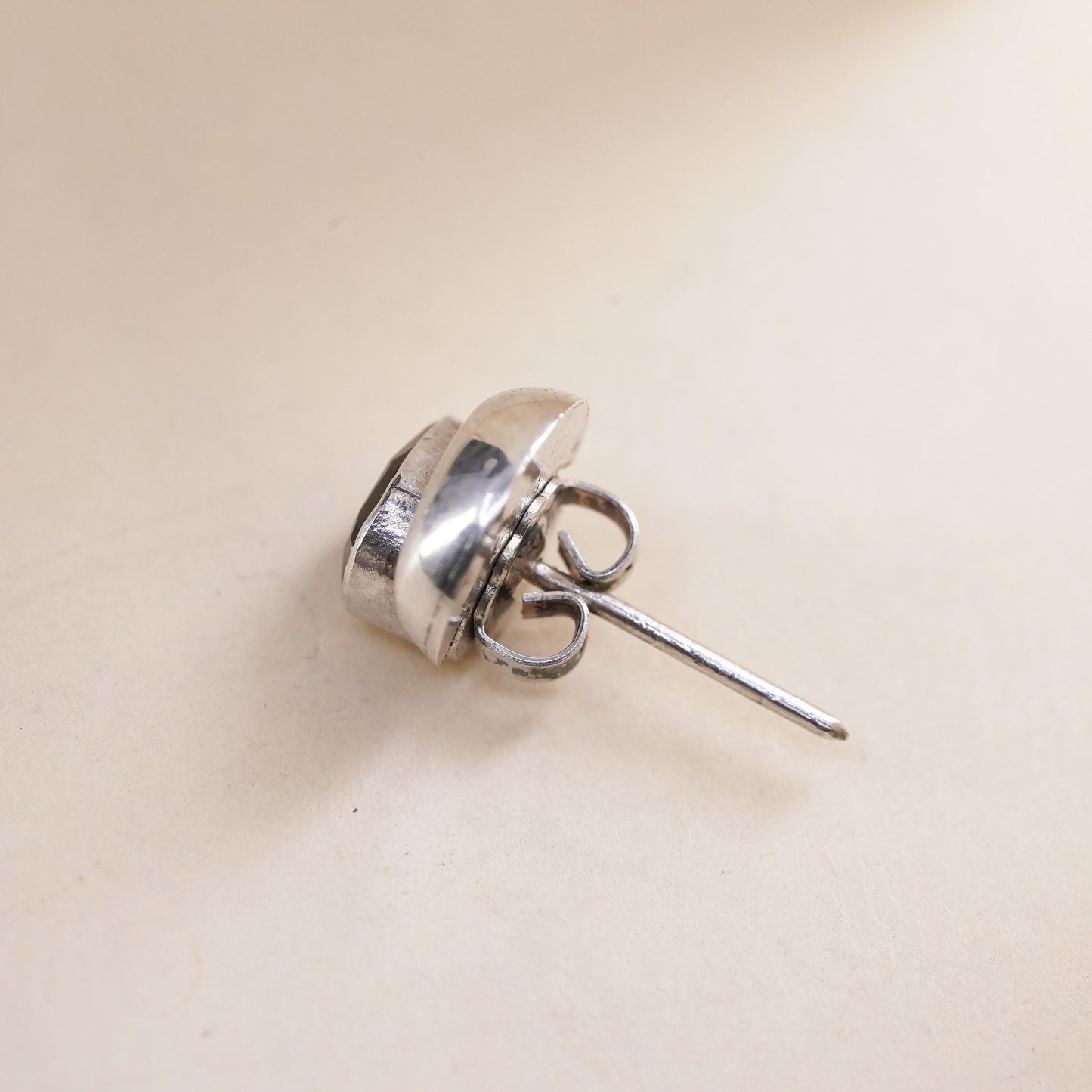 Vintage handmade single earring. Sterling 925 silver stud with garnet
