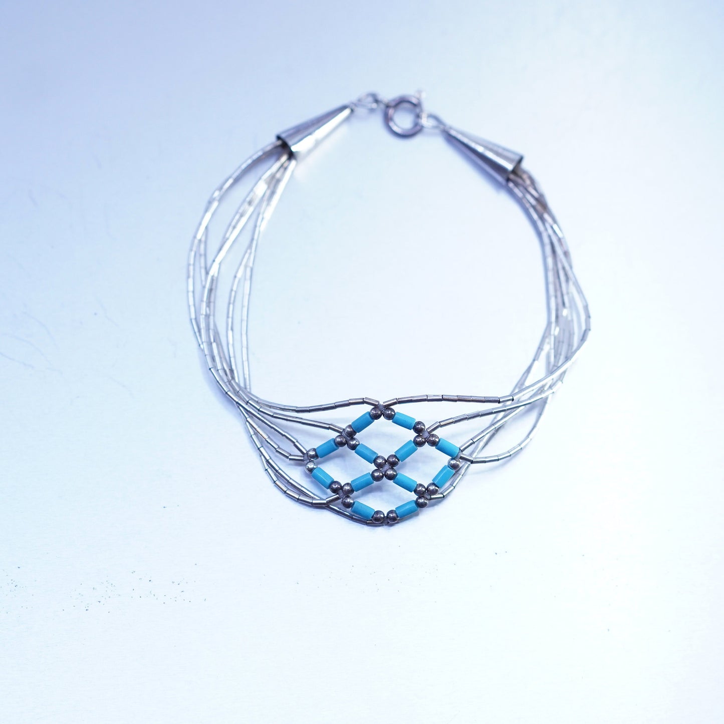 7.25”, Sterling 925 silver handmade bracelet, woven liquid chain with turquoise