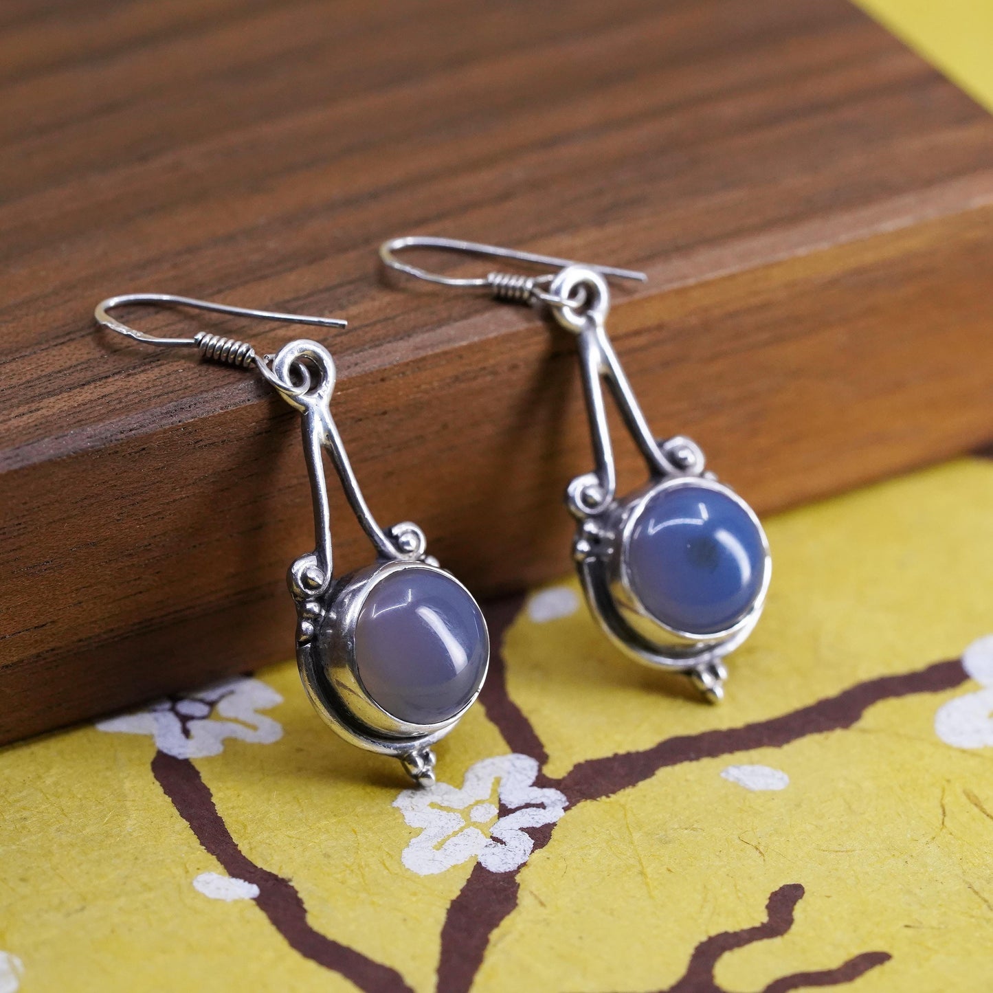 Vintage Sterling 925 silver handmade earrings with blue chalcedony beads