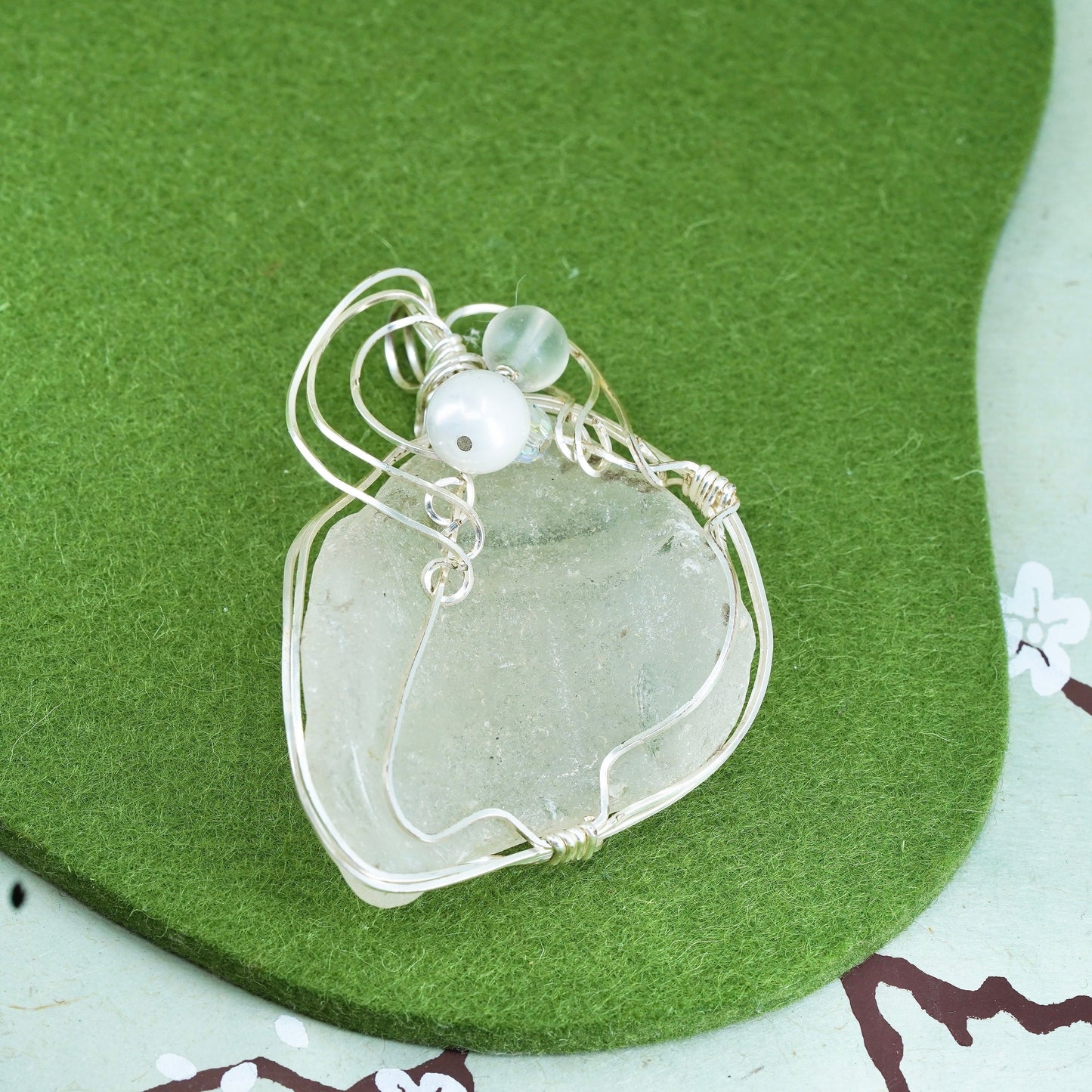 Vintage Sterling silver handmade pendant, 925 wired charm with sea washed glass