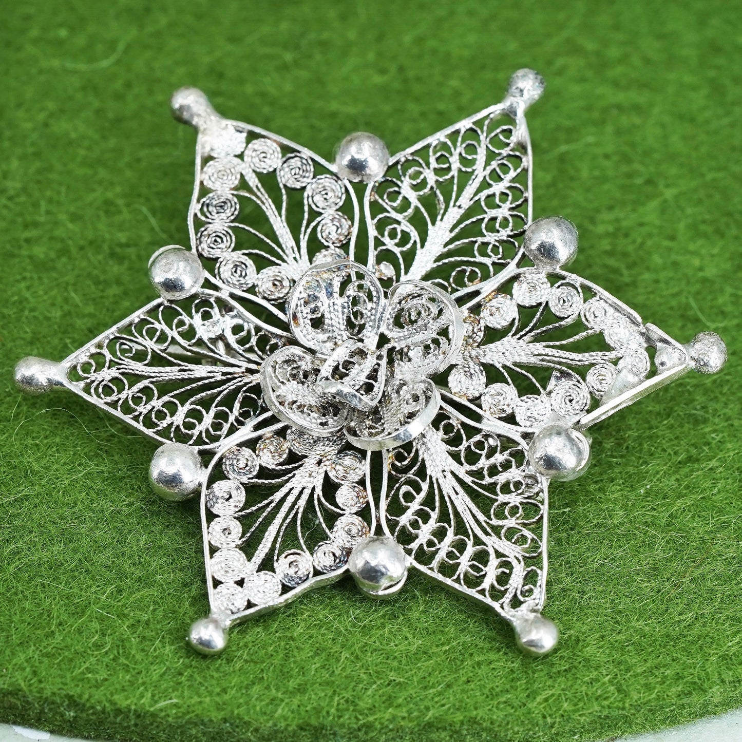 Vintage sterling silver handmade brooch, 925 filigree snowflake pin