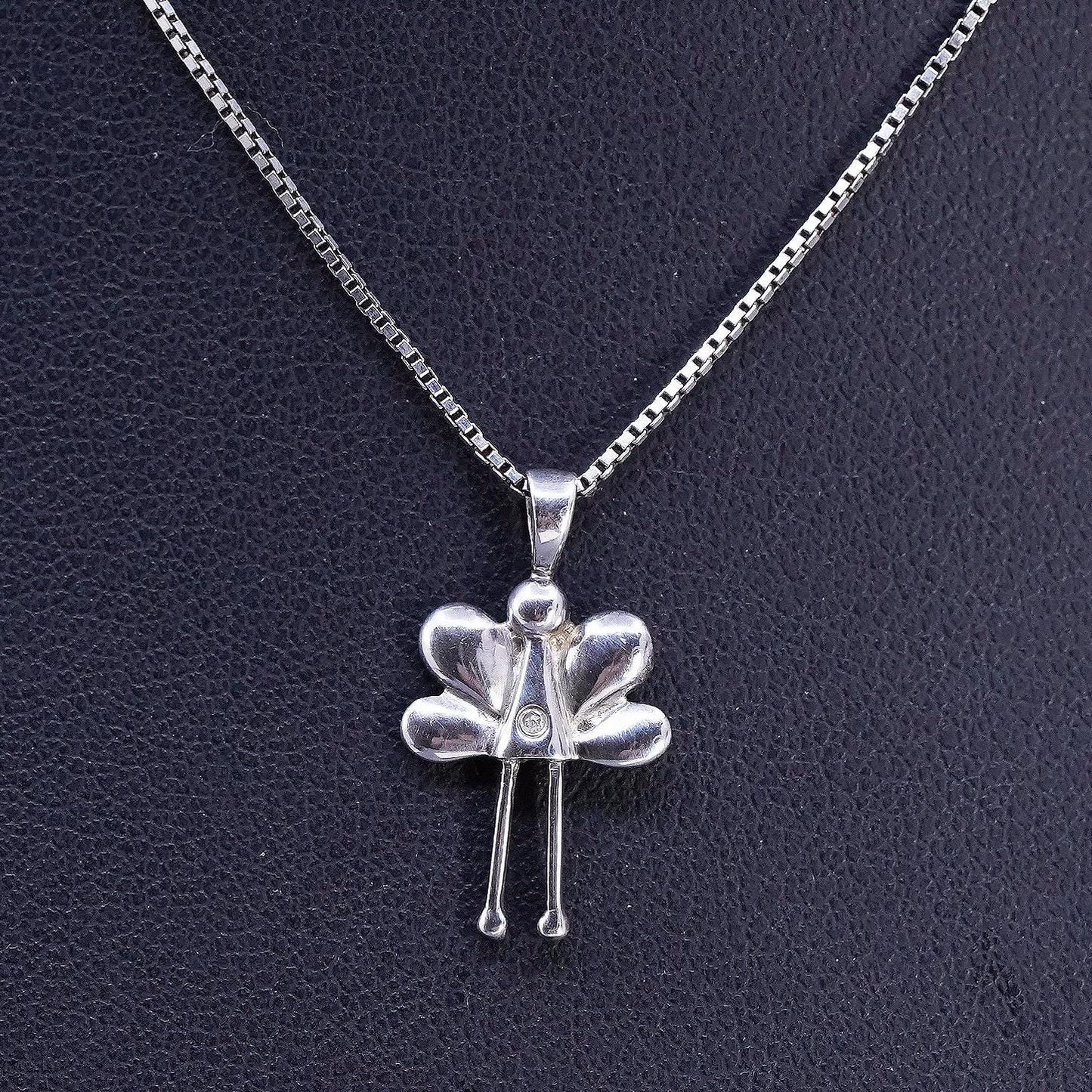 14", VTG sterling 925 silver box chain necklace Guardian angel charm pendant