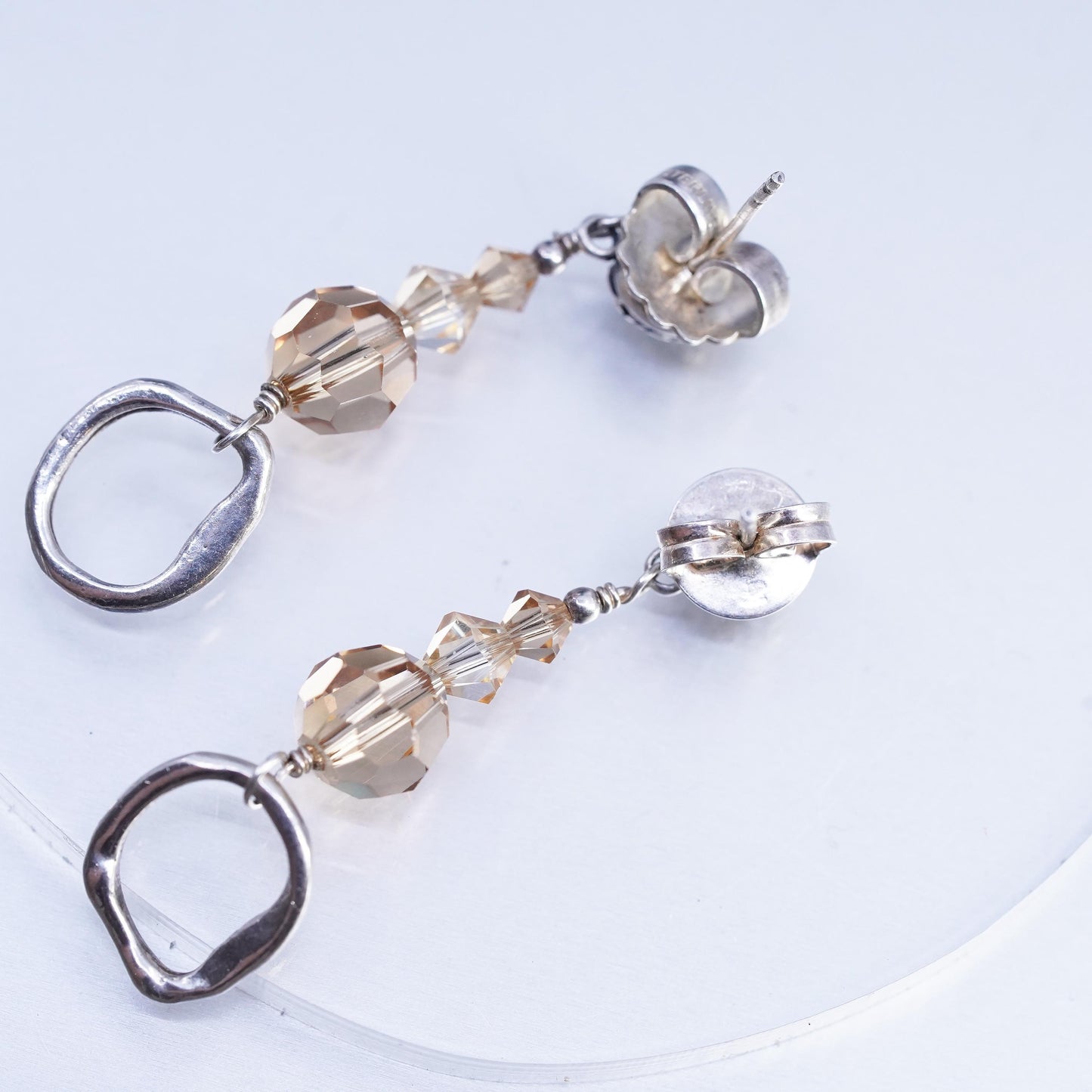 Vintage Sterling 925 silver handmade textured oxidized earrings orange crystal