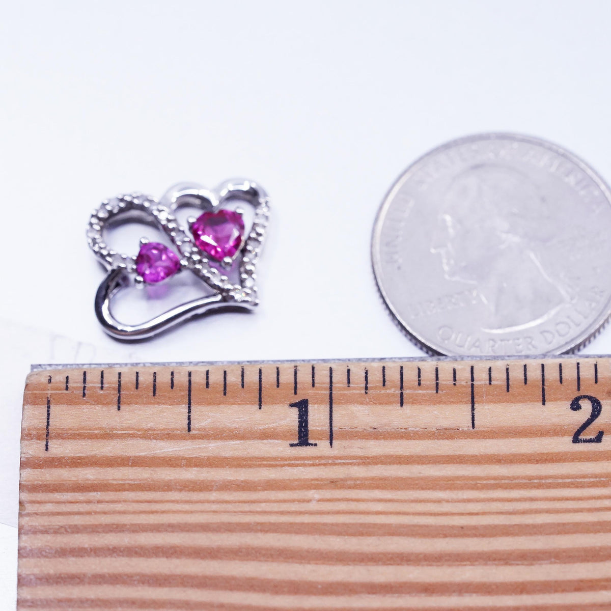Vintage sterling 925 silver double heart pendant with diamond and ruby