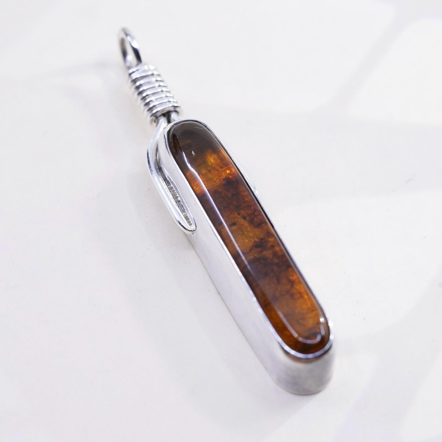 3” Vintage Signed James 950 Sterling silver handmade long pendant amber cable