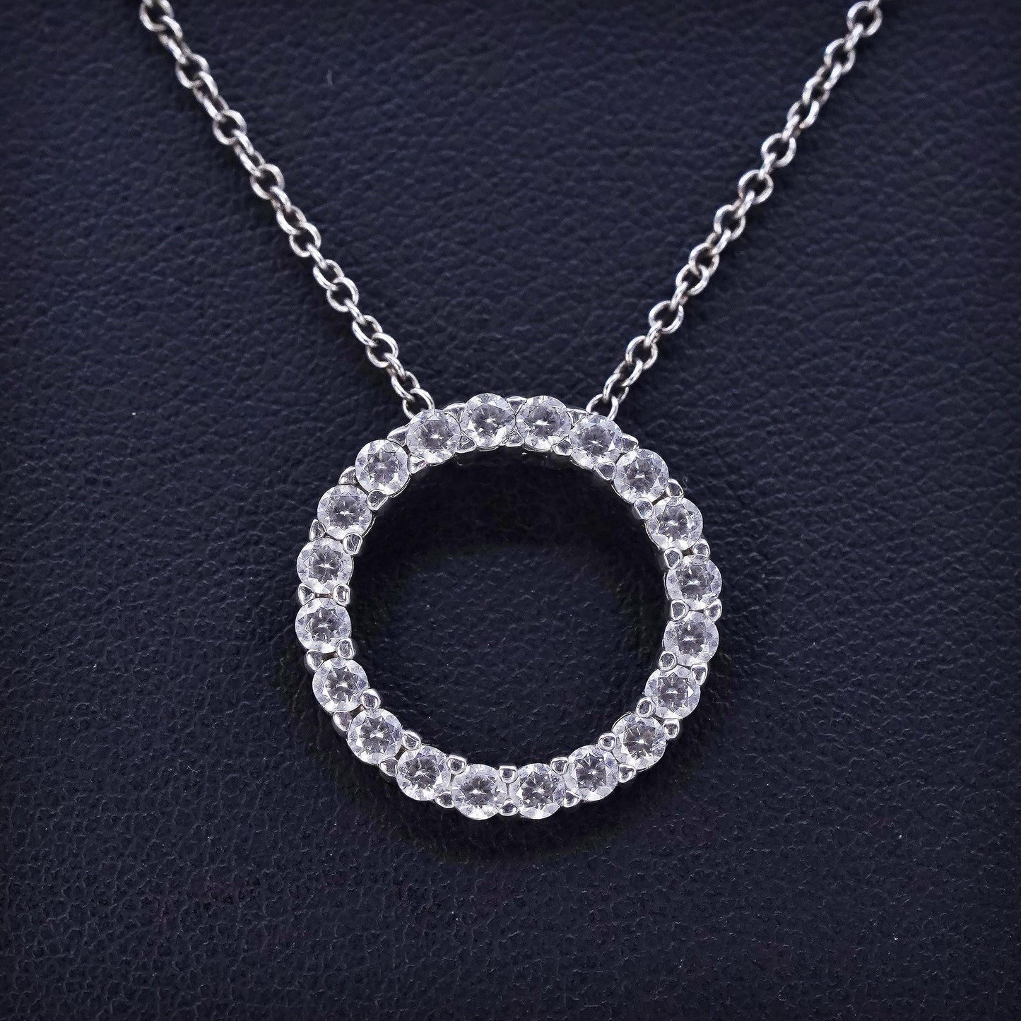 16+2”, vintage Sterling 925 silver circle necklace with cz circle beat pendant