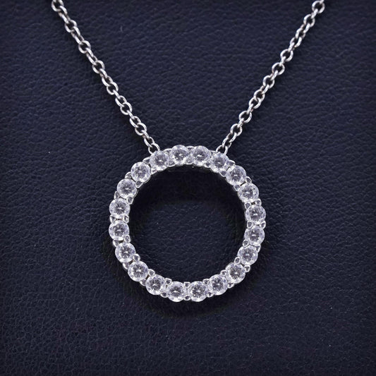 16+2”, vintage Sterling 925 silver circle necklace with cz circle beat pendant