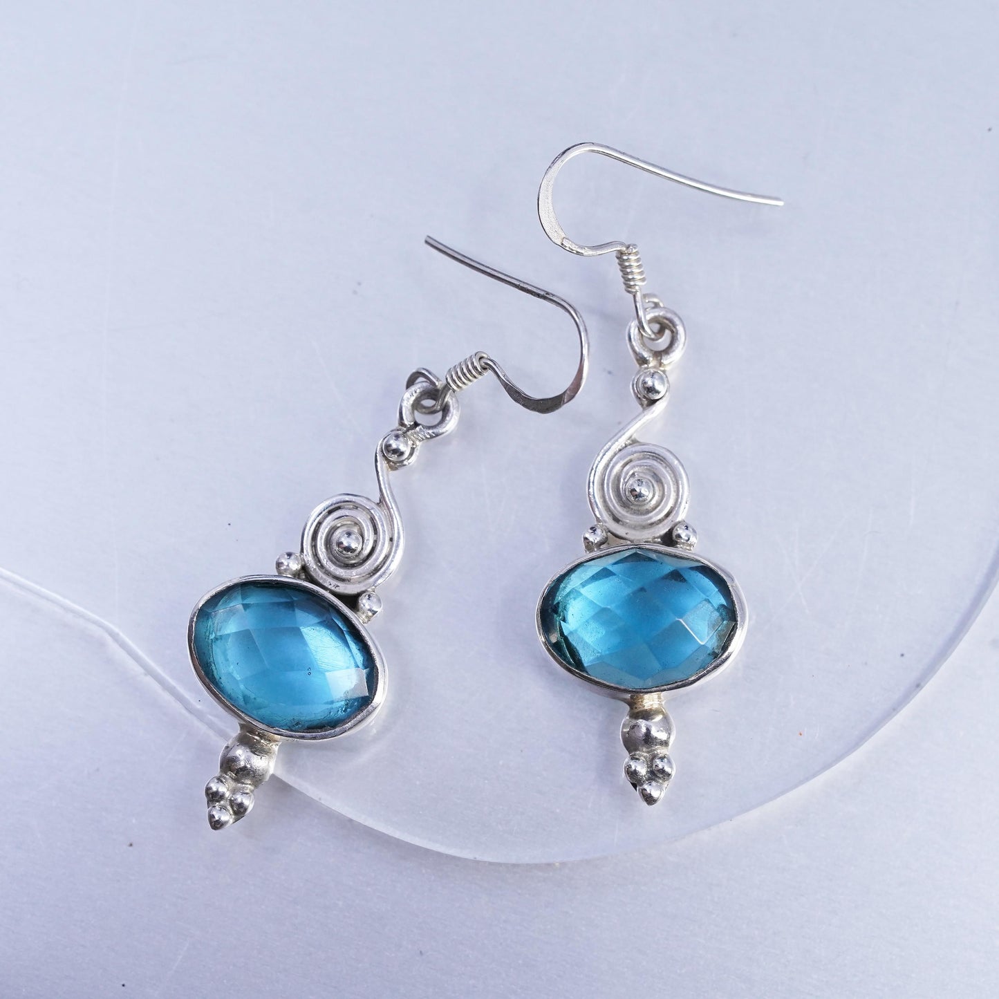 Vintage Sterling 925 silver handmade spiral earrings with blue crystal