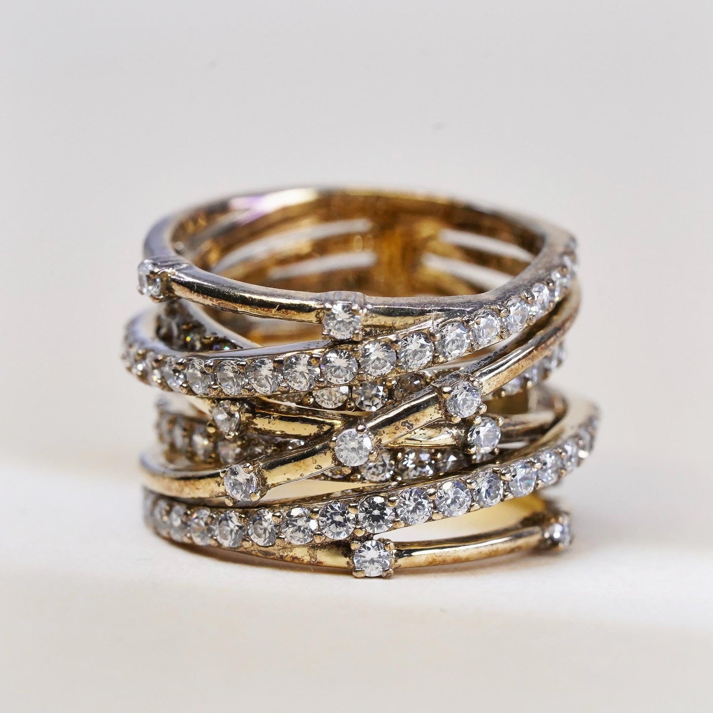 Size 6, VTG gold vermeil Sterling 925 silver entwined wide ring cluster Cz