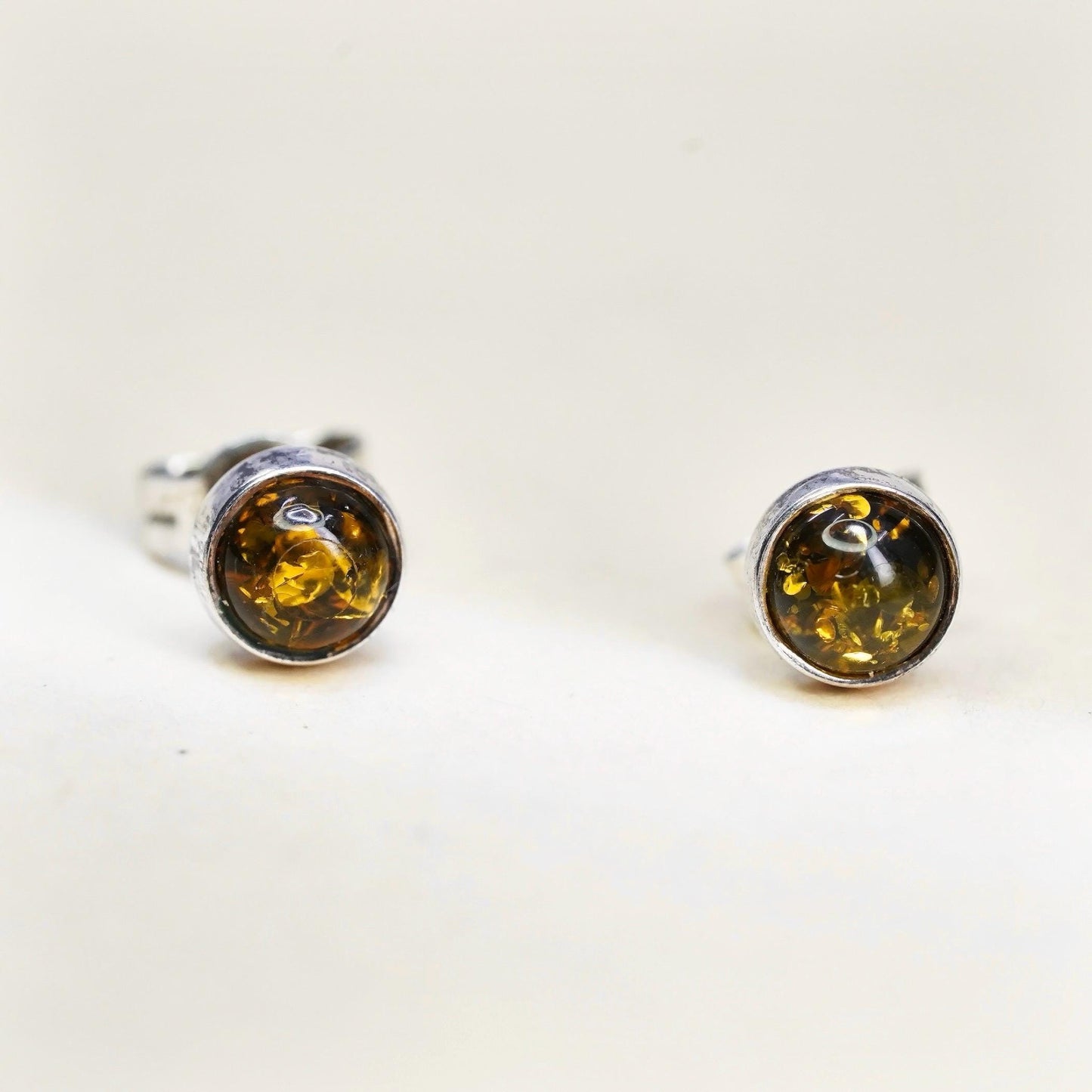Vintage Sterling 925 silver handmade earrings round Amber studs, southwestern