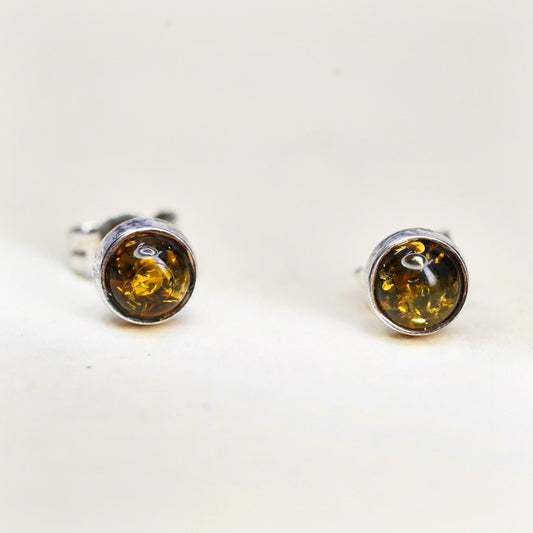Vintage Sterling 925 silver handmade earrings round Amber studs, southwestern