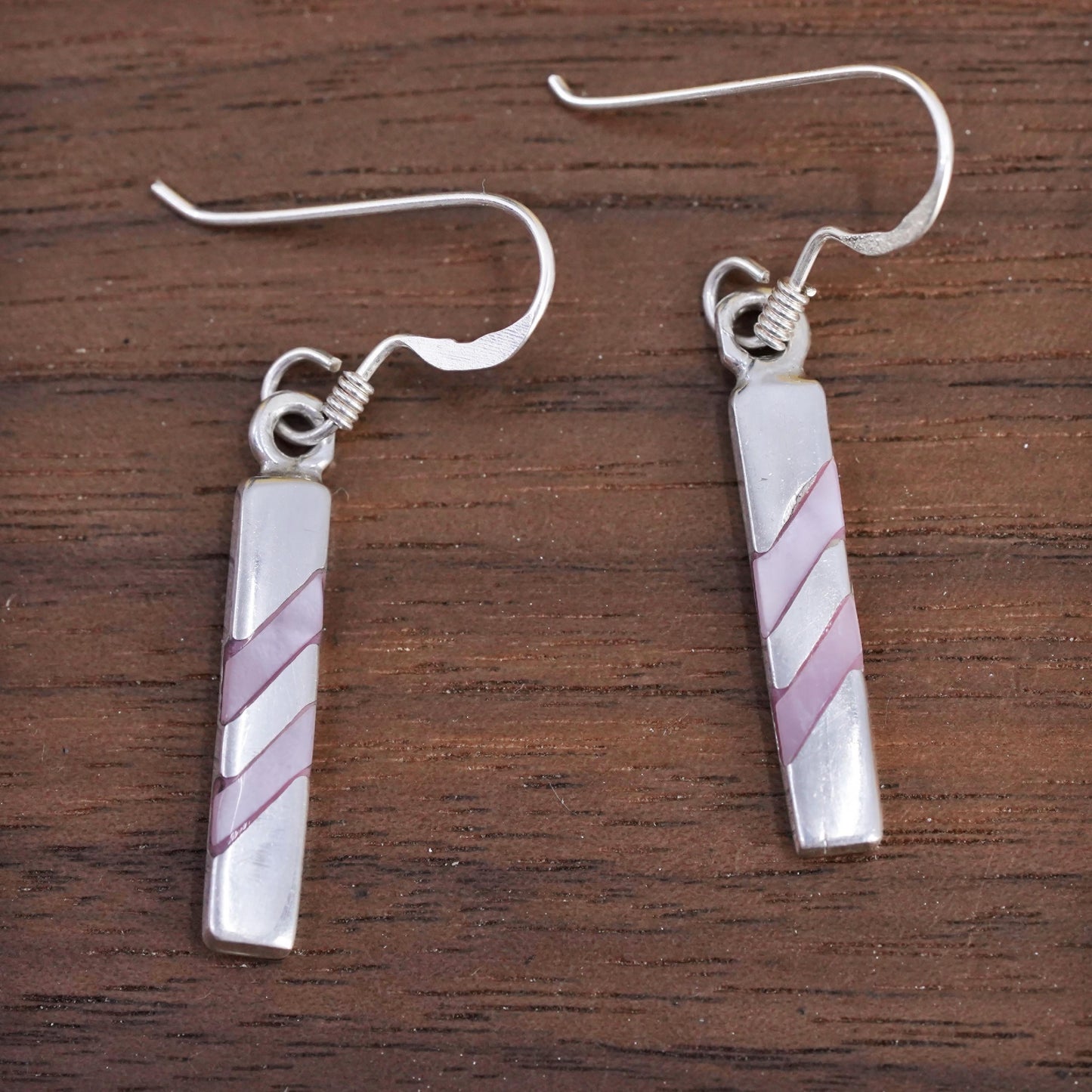Vintage Sterling silver handmade earrings, 925 silver bar with mother of pearl
