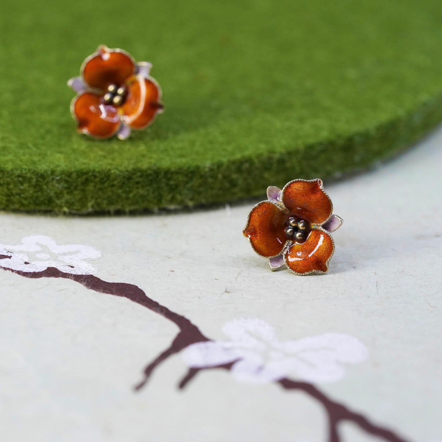 vermeil gold over Sterling silver earrings, 925 flower studs with orange enamel